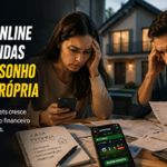 Casal analisando contas e documentos de financiamento enquanto observa uma casa ao fundo, representando o impacto das apostas online no sonho da casa própria.