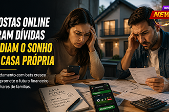 Casal analisando contas e documentos de financiamento enquanto observa uma casa ao fundo, representando o impacto das apostas online no sonho da casa própria.