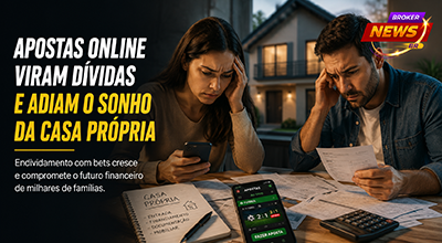 Casal analisando contas e documentos de financiamento enquanto observa uma casa ao fundo, representando o impacto das apostas online no sonho da casa própria.