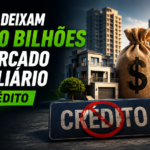 Empreendimentos imobiliários com símbolo de crédito negado e dinheiro, ilustrando a falta de crédito bancário que deixa R$ 400 bilhões do mercado imobiliário sem financiamento.