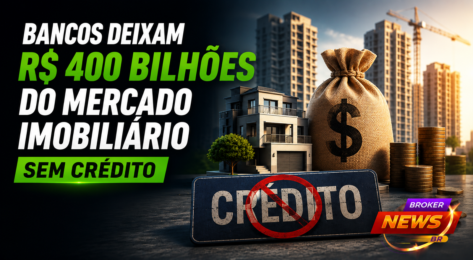 Empreendimentos imobiliários com símbolo de crédito negado e dinheiro, ilustrando a falta de crédito bancário que deixa R$ 400 bilhões do mercado imobiliário sem financiamento.