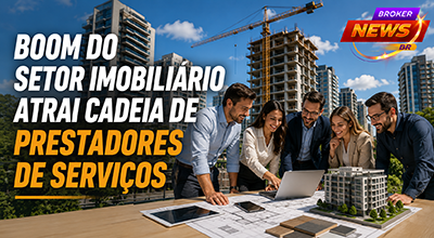 Profissionais reunidos em uma mesa analisando maquete de empreendimento imobiliário, com prédios em construção ao fundo, representando o crescimento da cadeia de prestadores de serviços do mercado imobiliário.
