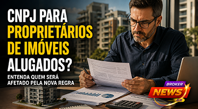 Proprietário analisa documentos fiscais e contratos de locação ao lado de imóveis residenciais, representando as novas regras da Reforma Tributária para grandes locadores e a possível exigência de CNPJ.