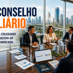 Executivos participam da instalação do Conselho do Mercado Imobiliário da FecomercioSP enquanto elementos gráficos representam desenvolvimento urbano, diálogo institucional e crescimento do setor imobiliário.