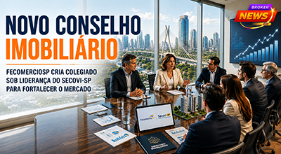 Executivos participam da instalação do Conselho do Mercado Imobiliário da FecomercioSP enquanto elementos gráficos representam desenvolvimento urbano, diálogo institucional e crescimento do setor imobiliário.