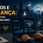 Profissional do mercado imobiliário utilizando Inteligência Artificial em um ambiente corporativo moderno. Em primeiro plano, um notebook exibe gráficos, indicadores de desempenho, mapas de calor, análise de dados imobiliários e painéis com métricas de mercado. Ao lado, elementos digitais representam algoritmos de IA conectando imóveis, clientes e informações estratégicas. Ao fundo, uma cidade com edifícios residenciais e comerciais simboliza a transformação digital do setor imobiliário. A composição transmite inovação, análise de dados, tecnologia, confiança, inteligência de mercado e tomada de decisões baseada em informações confiáveis.