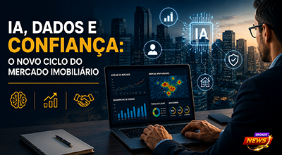 Profissional do mercado imobiliário utilizando Inteligência Artificial em um ambiente corporativo moderno. Em primeiro plano, um notebook exibe gráficos, indicadores de desempenho, mapas de calor, análise de dados imobiliários e painéis com métricas de mercado. Ao lado, elementos digitais representam algoritmos de IA conectando imóveis, clientes e informações estratégicas. Ao fundo, uma cidade com edifícios residenciais e comerciais simboliza a transformação digital do setor imobiliário. A composição transmite inovação, análise de dados, tecnologia, confiança, inteligência de mercado e tomada de decisões baseada em informações confiáveis.