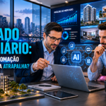 Corretor de imóveis utiliza Inteligência Artificial em um notebook enquanto analisa imóveis digitais em uma grande tela interativa ao lado de clientes em uma imobiliária moderna, representando a integração entre tecnologia e atendimento humano no mercado imobiliário.