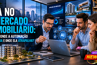 Corretor de imóveis utiliza Inteligência Artificial em um notebook enquanto analisa imóveis digitais em uma grande tela interativa ao lado de clientes em uma imobiliária moderna, representando a integração entre tecnologia e atendimento humano no mercado imobiliário.