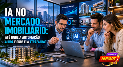 Corretor de imóveis utiliza Inteligência Artificial em um notebook enquanto analisa imóveis digitais em uma grande tela interativa ao lado de clientes em uma imobiliária moderna, representando a integração entre tecnologia e atendimento humano no mercado imobiliário.