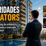 Executivo do mercado imobiliário observa empreendimento de alto padrão enquanto imagens de creators, influenciadores e celebridades aparecem em painéis digitais, simbolizando o fortalecimento das marcas por meio do marketing de influência no mercado imobiliário de luxo.