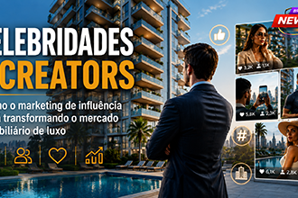 Executivo do mercado imobiliário observa empreendimento de alto padrão enquanto imagens de creators, influenciadores e celebridades aparecem em painéis digitais, simbolizando o fortalecimento das marcas por meio do marketing de influência no mercado imobiliário de luxo.