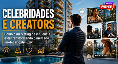 Executivo do mercado imobiliário observa empreendimento de alto padrão enquanto imagens de creators, influenciadores e celebridades aparecem em painéis digitais, simbolizando o fortalecimento das marcas por meio do marketing de influência no mercado imobiliário de luxo.