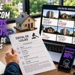 Comprador analisa um edital de leilão de imóveis enquanto observa imóveis residenciais disponíveis em plataforma digital, representando as oportunidades de compra com descontos oferecidas por bancos e leiloeiros.