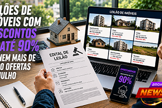 Comprador analisa um edital de leilão de imóveis enquanto observa imóveis residenciais disponíveis em plataforma digital, representando as oportunidades de compra com descontos oferecidas por bancos e leiloeiros.