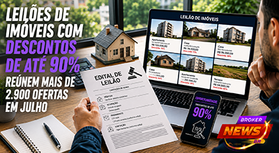 Comprador analisa um edital de leilão de imóveis enquanto observa imóveis residenciais disponíveis em plataforma digital, representando as oportunidades de compra com descontos oferecidas por bancos e leiloeiros.