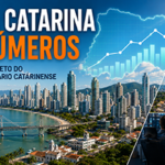 Vista panorâmica de Balneário Camboriú com seus arranha-céus à beira-mar, combinada com elementos que representam Florianópolis, Joinville, Itajaí e o desenvolvimento econômico de Santa Catarina. Gráficos financeiros, mapas digitais e indicadores imobiliários reforçam o crescimento, a valorização dos imóveis e o potencial de investimento no mercado imobiliário catarinense.