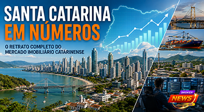 Vista panorâmica de Balneário Camboriú com seus arranha-céus à beira-mar, combinada com elementos que representam Florianópolis, Joinville, Itajaí e o desenvolvimento econômico de Santa Catarina. Gráficos financeiros, mapas digitais e indicadores imobiliários reforçam o crescimento, a valorização dos imóveis e o potencial de investimento no mercado imobiliário catarinense.