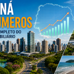 Vista panorâmica de Curitiba com seu skyline moderno, edifícios residenciais e comerciais, áreas verdes e corredores urbanos, representando o crescimento do mercado imobiliário paranaense. Em destaque, gráficos financeiros e mapas digitais simbolizam indicadores econômicos, valorização imobiliária e oportunidades de investimento no estado do Paraná.
