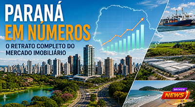 Vista panorâmica de Curitiba com seu skyline moderno, edifícios residenciais e comerciais, áreas verdes e corredores urbanos, representando o crescimento do mercado imobiliário paranaense. Em destaque, gráficos financeiros e mapas digitais simbolizam indicadores econômicos, valorização imobiliária e oportunidades de investimento no estado do Paraná.