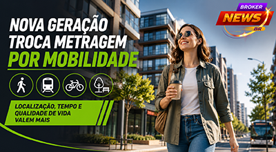 Mulher caminhando por bairro moderno com edifícios residenciais, representando a preferência da nova geração por mobilidade, localização e qualidade de vida no mercado imobiliário.