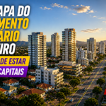 Vista panorâmica de uma cidade média brasileira com novos empreendimentos residenciais e comerciais, representando a interiorização dos investimentos e as novas oportunidades do mercado imobiliário.