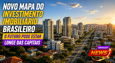 Vista panorâmica de uma cidade média brasileira com novos empreendimentos residenciais e comerciais, representando a interiorização dos investimentos e as novas oportunidades do mercado imobiliário.