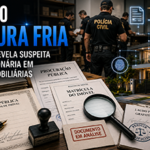 Mesa de trabalho com matrícula de imóvel, escritura pública, procuração, documentos periciais e uma lupa sobre assinaturas. Ao fundo, policiais civis executam mandado de busca em ambiente corporativo, enquanto um imóvel de alto padrão aparece em destaque com elementos gráficos representando investigação, fraude documental e segurança jurídica nas transações imobiliárias.