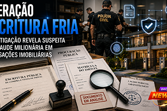 Mesa de trabalho com matrícula de imóvel, escritura pública, procuração, documentos periciais e uma lupa sobre assinaturas. Ao fundo, policiais civis executam mandado de busca em ambiente corporativo, enquanto um imóvel de alto padrão aparece em destaque com elementos gráficos representando investigação, fraude documental e segurança jurídica nas transações imobiliárias.
