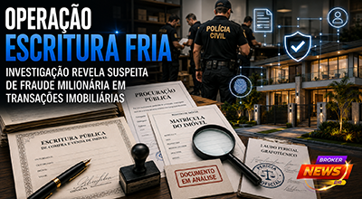 Mesa de trabalho com matrícula de imóvel, escritura pública, procuração, documentos periciais e uma lupa sobre assinaturas. Ao fundo, policiais civis executam mandado de busca em ambiente corporativo, enquanto um imóvel de alto padrão aparece em destaque com elementos gráficos representando investigação, fraude documental e segurança jurídica nas transações imobiliárias.
