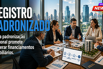 Reunião entre representantes do mercado imobiliário em ambiente corporativo discutindo a padronização nacional do Registro Eletrônico de Imóveis, com documentos, gráficos e maquete de empreendimento sobre a mesa.