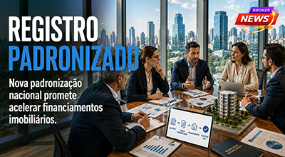 Reunião entre representantes do mercado imobiliário em ambiente corporativo discutindo a padronização nacional do Registro Eletrônico de Imóveis, com documentos, gráficos e maquete de empreendimento sobre a mesa.
