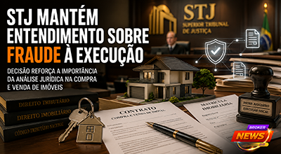 Mesa de reunião com contrato de compra e venda de imóvel, documentos jurídicos, matrícula imobiliária, carimbo judicial e um juiz ao fundo em ambiente institucional. Em destaque, um imóvel residencial e elementos gráficos representando segurança jurídica, execução fiscal e análise documental, transmitindo a importância da verificação legal nas transações imobiliárias.