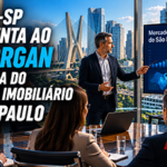 Representantes do Secovi-SP apresentam indicadores do mercado imobiliário de São Paulo durante reunião com investidores internacionais, destacando gráficos, dados e projeções do setor imobiliário paulista.