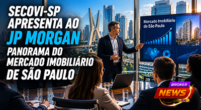 Representantes do Secovi-SP apresentam indicadores do mercado imobiliário de São Paulo durante reunião com investidores internacionais, destacando gráficos, dados e projeções do setor imobiliário paulista.