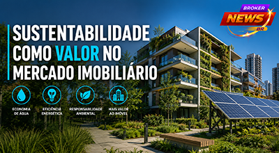 Empreendimento residencial sustentável com fachadas verdes, painéis solares e áreas arborizadas, representando a valorização da sustentabilidade no mercado imobiliário brasileiro.