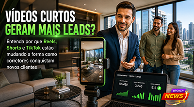 Corretor de imóveis grava um vídeo de apresentação de um apartamento com um smartphone enquanto um cliente acompanha a visita. Ao fundo, um ambiente moderno e bem iluminado representa a produção de conteúdo para Reels, Shorts e TikTok como estratégia de geração de leads no mercado imobiliário.
