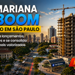 Uma fotografia hiper-realista e cinematográfica mostrando um panorama da Vila Mariana ao entardecer. Em primeiro plano, edifícios residenciais modernos e um canteiro de obras com guindaste em atividade. Ao fundo, skyline de São Paulo, ruas arborizadas, estação de metrô identificável pela arquitetura urbana, ciclovias e intenso movimento urbano. A composição deve transmitir crescimento, valorização e dinamismo, sem exageros ou aparência artificial.