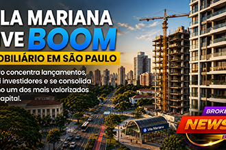 Uma fotografia hiper-realista e cinematográfica mostrando um panorama da Vila Mariana ao entardecer. Em primeiro plano, edifícios residenciais modernos e um canteiro de obras com guindaste em atividade. Ao fundo, skyline de São Paulo, ruas arborizadas, estação de metrô identificável pela arquitetura urbana, ciclovias e intenso movimento urbano. A composição deve transmitir crescimento, valorização e dinamismo, sem exageros ou aparência artificial.