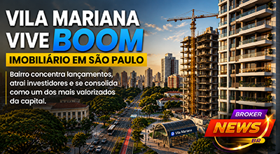 Uma fotografia hiper-realista e cinematográfica mostrando um panorama da Vila Mariana ao entardecer. Em primeiro plano, edifícios residenciais modernos e um canteiro de obras com guindaste em atividade. Ao fundo, skyline de São Paulo, ruas arborizadas, estação de metrô identificável pela arquitetura urbana, ciclovias e intenso movimento urbano. A composição deve transmitir crescimento, valorização e dinamismo, sem exageros ou aparência artificial.