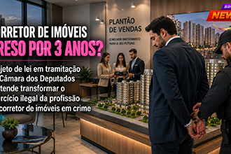 Pessoa sem identificação profissional se apresenta como corretor de imóveis diante de um cliente, simbolizando o debate sobre o exercício ilegal da corretagem, sendo preso pela polícia.