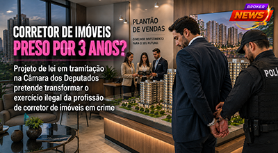 Pessoa sem identificação profissional se apresenta como corretor de imóveis diante de um cliente, simbolizando o debate sobre o exercício ilegal da corretagem, sendo preso pela polícia.