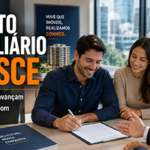 casal assinando um contrato de financiamento imobiliário em uma agência bancária moderna. Ao fundo, um corretor de imóveis apresenta a maquete de um empreendimento residencial contemporâneo. Pela janela, aparecem edifícios modernos desfocados