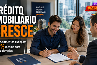 casal assinando um contrato de financiamento imobiliário em uma agência bancária moderna. Ao fundo, um corretor de imóveis apresenta a maquete de um empreendimento residencial contemporâneo. Pela janela, aparecem edifícios modernos desfocados