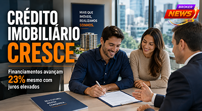 casal assinando um contrato de financiamento imobiliário em uma agência bancária moderna. Ao fundo, um corretor de imóveis apresenta a maquete de um empreendimento residencial contemporâneo. Pela janela, aparecem edifícios modernos desfocados