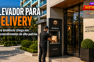 Fachada de um edifício residencial de alto padrão enquanto um sistema de elevador exclusivo para delivery representa a inovação e a modernização dos empreendimentos imobiliários.