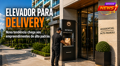 Fachada de um edifício residencial de alto padrão enquanto um sistema de elevador exclusivo para delivery representa a inovação e a modernização dos empreendimentos imobiliários.