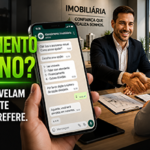 Corretor de imóveis atendendo um cliente pessoalmente enquanto, ao lado, uma tela de celular exibe um chatbot no WhatsApp. A cena simboliza o contraste entre a automação e o atendimento humanizado, destacando que pesquisas indicam maior confiança dos consumidores quando conseguem falar com uma pessoa em negociações imobiliárias.