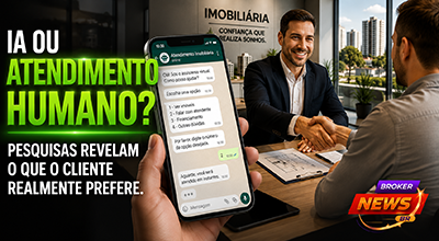 Corretor de imóveis atendendo um cliente pessoalmente enquanto, ao lado, uma tela de celular exibe um chatbot no WhatsApp. A cena simboliza o contraste entre a automação e o atendimento humanizado, destacando que pesquisas indicam maior confiança dos consumidores quando conseguem falar com uma pessoa em negociações imobiliárias.