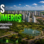 Vista panorâmica de Goiânia com edifícios modernos, avenidas arborizadas e bairros planejados, tendo ao fundo áreas agrícolas, centros logísticos e indústrias que representam a força econômica de Goiás e seu mercado imobiliário.